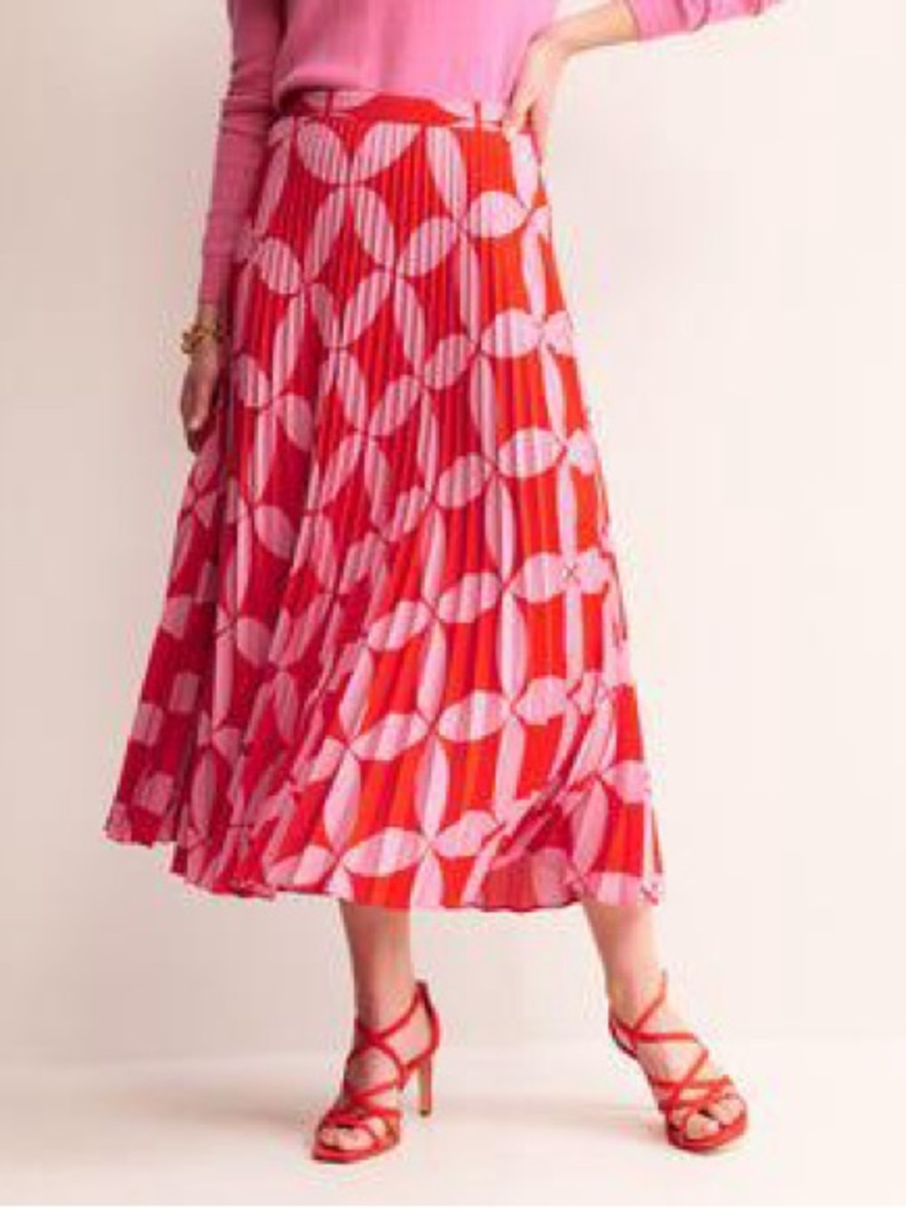 Bode Pleated Red and Pink Geometric Midi Skirt